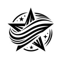 Bold Black and White Starburst A Geometric Star Within a Circular Swirl with Star Accents. vector