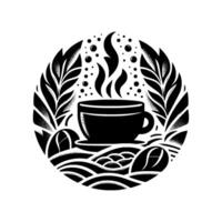 A stylized black and white circular coffee illustration featuring a steaming cup, coffee beans, stylized leaves, and a wavy base, on a pristine white backdrop. vector