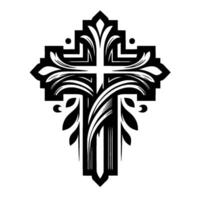 Ornate Black and White Christian Cross with Botanical Flourishes and Geometric Borders on White Background. vector