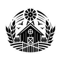 Black and white stylized farm scene featuring a barn, windmill sun, wheat, birds, and a fence, within a circular composition. vector