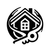 Minimalist Black and White Real Estate House and Key inside a Circle, Symbolic of Home Ownership and Security. vector