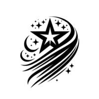 black and white illustration of a fivepointed star with inner star detail, surrounded by crescent moons, sparkling stars and stylized comet trails. vector