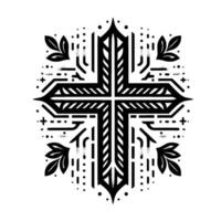 Ornate Black and White Christian Cross with Leafy Accents and Geometric Details, Isolated on White. vector