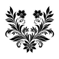 Symmetrical black floral with leaves and flowers, creating a decorative and elegant pattern on a white background. vector