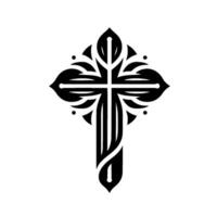 Black and White Intricate Cross with LeafLike Embellishments, Minimalist Style on White Background. vector