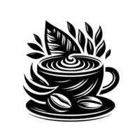 Artistic Black and White Coffee Cup with Swirling Brew, Leaves, and Coffee Beans, on a Saucer, Representing Aromas. vector