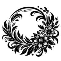 Elegant black and white floral wreath , featuring stylized flowers and foliage arranged in a symmetrical circular pattern. vector
