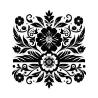 Symmetrical Black and White Floral Ornament, Detailed with Repeating Foliage, Decorative Pattern on White Background. vector