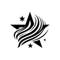 Black and white star with flowing lines and smaller stars on a white background, minimalist . vector