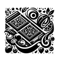 Abstract black and white square with geometric patterns, floral elements, and stylized fruits arranged in a symmetrical composition. vector