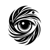Abstract Black and White Eye Tattoo with Swirling FeatherLike Elements, Intricate Detailing. vector