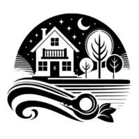 A monochrome illustration of a home under a starry night sky enclosed by an arch, with a key in the foreground. vector