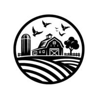 Silhouette of a rural farm scene, depicting a barn, silo, fields, tree, birds, and fence encapsulated in a circular frame. vector