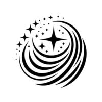 Stylized black and white cosmic featuring radiant stars encircled by swirling curved lines, creating a dynamic, modern like composition. vector