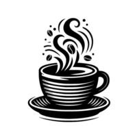 Minimalist Black White Coffee with Steaming Brew, Floating Beans Elegant Cup Saucer vector