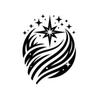 Celestial Abstract Black and White Illustration featuring a Starburst in a swirling, stylized cosmic emblem. vector