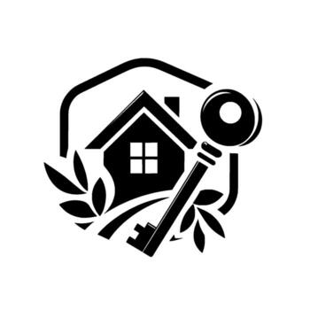 Monochromatic Real Estate with House, Key, Foliage, and Hexagon Frame, Symbolizing Homeownership and Property vector