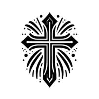 Bold Black Cross with Ornamental Religious Symbol with Decorative Lines and Circle Accents on White Background vector