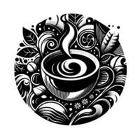 Black and white stylized illustration of a coffee cup with swirling steam, surrounded by floral and ornamental elements within a circular frame. vector