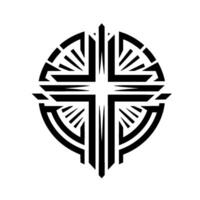 Geometric, stylized cross emblem within a circular frame, featuring radial lines, stark black and white contrast, and a modern, minimalist . vector