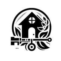 Symbolic Black White House with Key Nature Elements, Encircled, Minimalist , Representing Home Security. vector