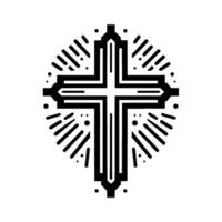 Striking Black and White Illustration of a Geometric Cross with Radial Burst, a Symbol of Faith and Spirituality. vector