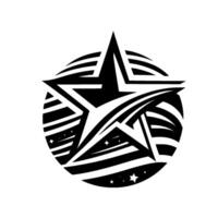 Bold Black and White Starburst , Central Star with Stripes and Stars in a Circular Frame on White Background. vector