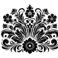 Symmetrical floral ornament featuring stylized flowers, leaves, and scrollwork in black and white. vector