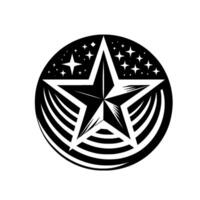 A bold, minimalist illustration featuring a central fivepointed star encased within a stylized circular frame with concentric lines and sparkling stars, all in monochrome. vector