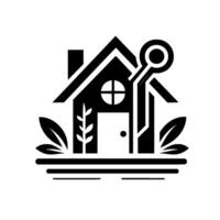 Modern Smart Home Black Silhouette with Tech Key, Leaves, and Geometric . vector