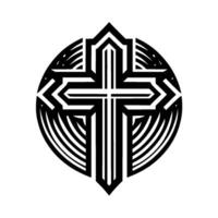 Geometric Black and White Christian Cross Within a Circular Architectural Frame, Minimalist Religious Symbol. vector