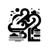 Abstract Black and White Featuring Clouds, Geometric Shapes, and Ornate Curvilinear Elements, Suggesting a Stylized Landscape or Symbolic Composition. vector