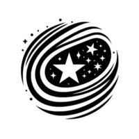 Black and white celestial with orbiting swirls, stars, and a large central star, creating a cosmic emblem. vector