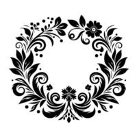 Intricate Black and White Floral Wreath A symmetrical of leaves, flowers, and swirls creating a delicate, ornamental frame for various applications. vector