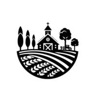 Simplified Monochrome Farm Silhouette Barn, Wheat Field, Trees, Tractor, and Christian Symbolism vector
