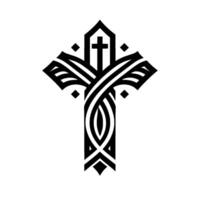 Black White Celticinspired Cross with Intertwined Lines and Geometric Embellishments on White Backdrop. vector