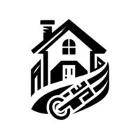 Stylized Monochrome House with Abstract Elements, Chimney, Arched Window, and Curved Representing Growth and Security vector