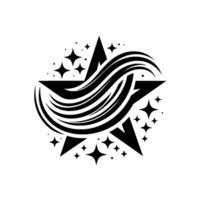 Black and white illustration of a stylized star with flowing lines through the center and surrounding star clusters, set against a white background. vector