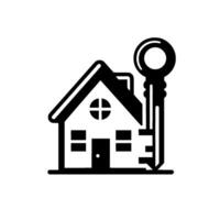 Minimalist Black and White Depicting a House with a Key, Symbolizing Homeownership and Real Estate Concepts. vector
