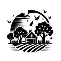 Rural Silhouette A Farmhouse Scene with Trees, Fields, Birds, and Stars in a Circular Frame vector