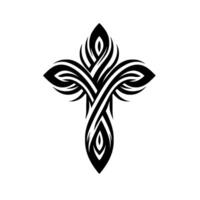 Intricate Black White Cross Featuring Woven Lines and LeafLike Embellishments on a Minimalist White Background. vector
