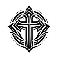 Intricate Black and White Tribal Cross within a Circular Pattern with Ornamental Details and Serene Aesthetic. vector