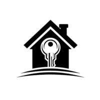 Monochromatic Silhouette House with Keyhole and Key, Representing Home Ownership and Real Estate, Set on a Subtle Curved Base. vector
