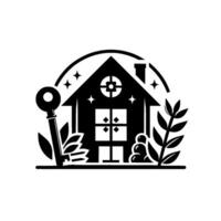 Elegant black and white real estate featuring a house, key, foliage, sparkles, and a celestial arch, evoking a sense of home and security. vector