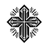 Ornate Geometric Black Cross on White Background, Featuring Detailed Line Work and Symmetrical Pattern. vector