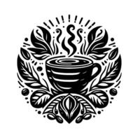 Elegant Black and White Coffee Cup Surrounded by Floral and Leafy Elements in a Circular Ornament on a White Background. vector