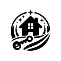 Symbolic Black White Real Estate Featuring a House, Key, and Sparkling Elements within a Circle vector