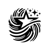Black and White Starburst Featuring a Central Star Surrounded by Swirling Lines and Smaller Stars on White Background. vector