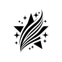 Abstract Black Star with Flowing Strips and Starbursts on a White Backdrop, Modern . vector