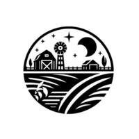 Black and white circular farm scene featuring barn, windmill, field under starry night and crescent moon, minimalist . vector